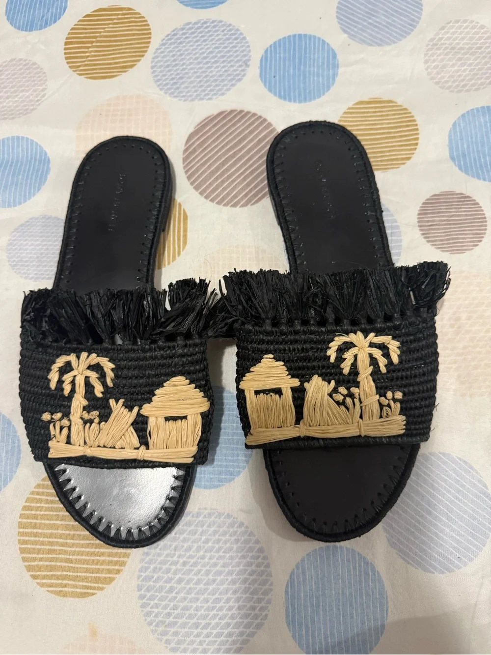 Tory Burch Black Raffia Slide Sandals with Natural Embroidered Detail